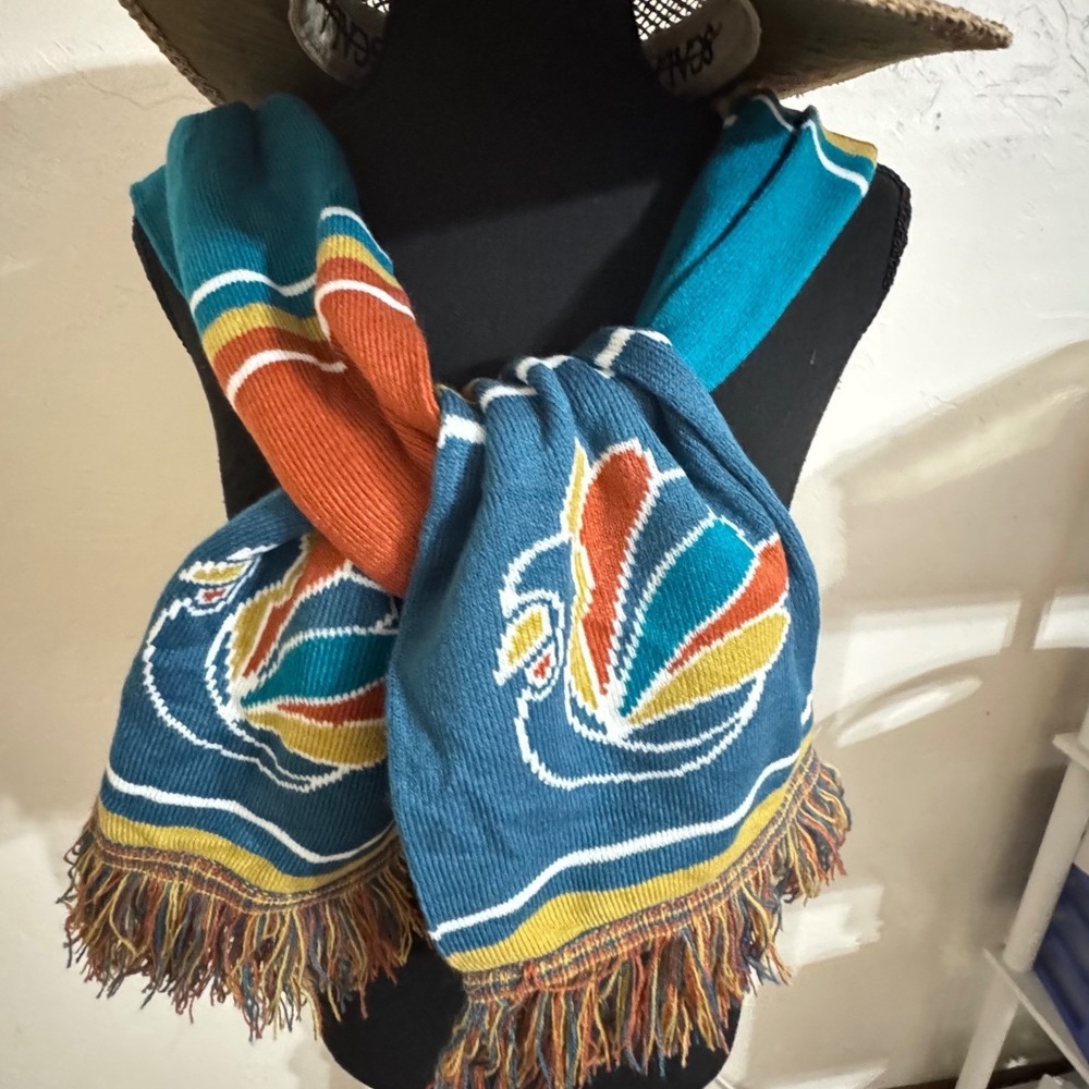 Bohemian Ventures Endurance Teal Orange Bird Knit‎ Scarf Fringe OLDSTOCK